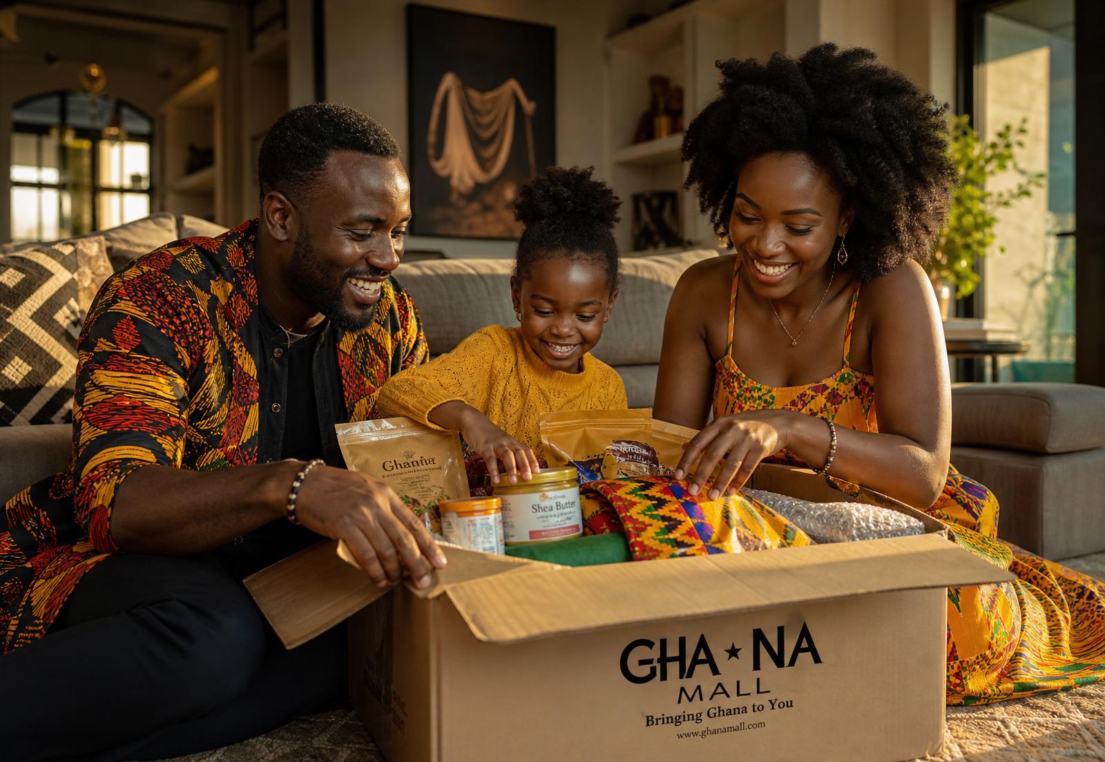 Ghanaian diaspora family unboxing a Ghana Mall delivery